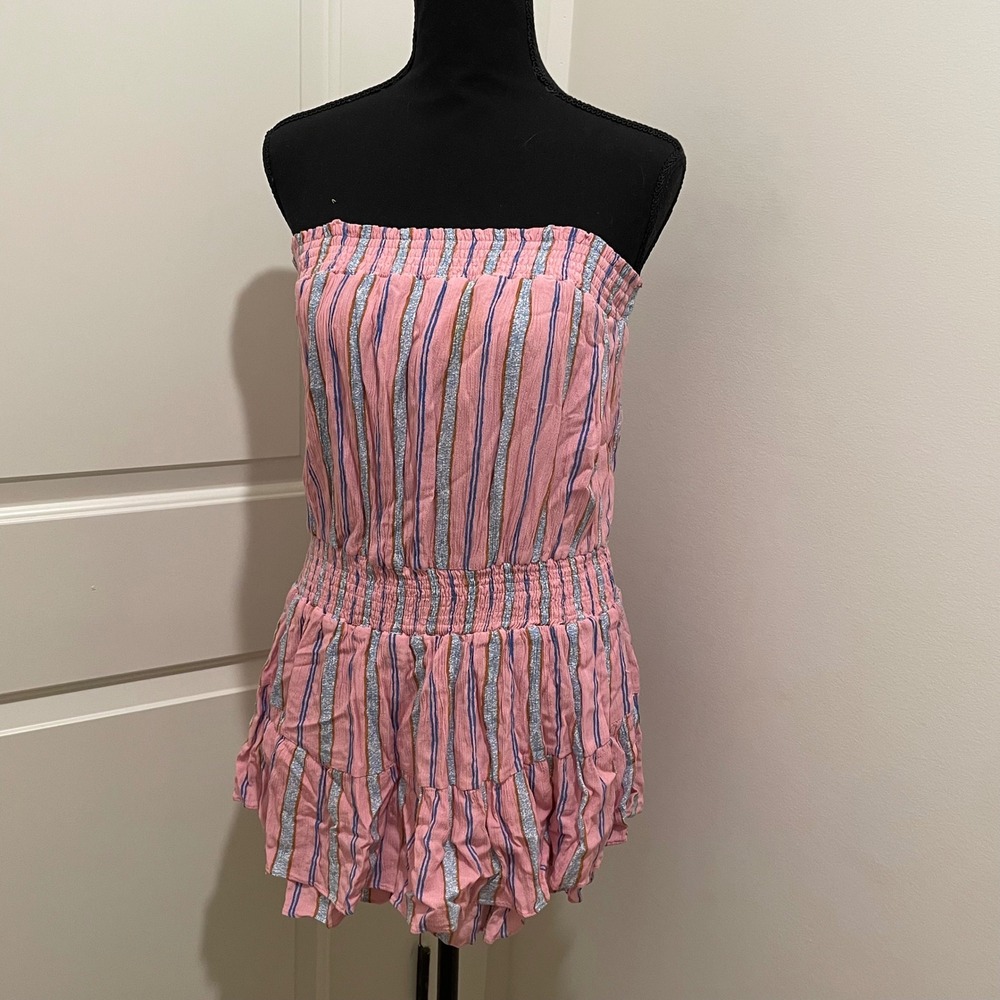 Day + Moon Pink Striped Strapless Smocked Ruffle Romper Large A1033